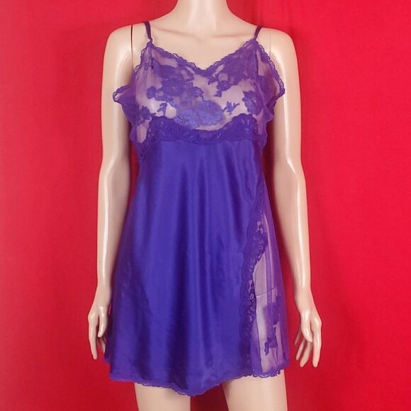 Victoria's Secret Gold Label Vintage 90s Lace Slip Mini Dress Purple Size Large - Picture 1 of 5